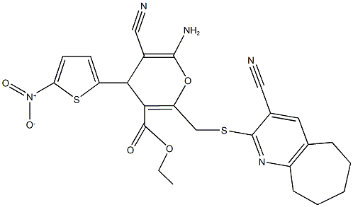 ethyl 6-amino-5-cyano-2-{[(3-cyano-6,7,8,9-tetrahydro-5H-cyclohepta[b]pyridin-2-yl)sulfanyl]methyl}-4-{5-nitro-2-thienyl}-4H-pyran-3-carboxylate Struktur