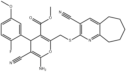 methyl 6-amino-5-cyano-2-{[(3-cyano-6,7,8,9-tetrahydro-5H-cyclohepta[b]pyridin-2-yl)sulfanyl]methyl}-4-(2-fluoro-5-methoxyphenyl)-4H-pyran-3-carboxylate Struktur