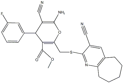 methyl 6-amino-5-cyano-2-{[(3-cyano-6,7,8,9-tetrahydro-5H-cyclohepta[b]pyridin-2-yl)sulfanyl]methyl}-4-(3-fluorophenyl)-4H-pyran-3-carboxylate Struktur