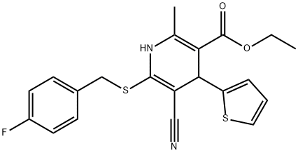 ethyl 5-cyano-6-[(4-fluorobenzyl)sulfanyl]-2-methyl-4-(2-thienyl)-1,4-dihydro-3-pyridinecarboxylate Struktur