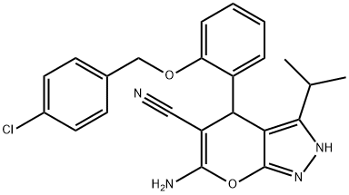 6-amino-4-(2-{[(4-chlorophenyl)methyl]oxy}phenyl)-3-(1-methylethyl)-2,4-dihydropyrano[2,3-c]pyrazole-5-carbonitrile Struktur