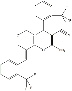 2-amino-8-[2-(trifluoromethyl)benzylidene]-4-[2-(trifluoromethyl)phenyl]-7,8-dihydro-4H,5H-pyrano[4,3-b]pyran-3-carbonitrile Struktur