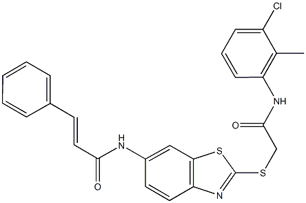 N-(2-{[2-(3-chloro-2-methylanilino)-2-oxoethyl]sulfanyl}-1,3-benzothiazol-6-yl)-3-phenylacrylamide Struktur