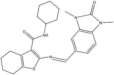 N-cyclohexyl-2-{[(1,3-dimethyl-2-oxo-2,3-dihydro-1H-benzimidazol-5-yl)methylene]amino}-4,5,6,7-tetrahydro-1-benzothiophene-3-carboxamide Struktur