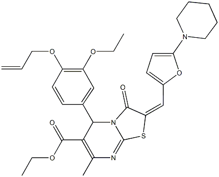 ethyl 5-[4-(allyloxy)-3-ethoxyphenyl]-7-methyl-3-oxo-2-{[5-(1-piperidinyl)-2-furyl]methylene}-2,3-dihydro-5H-[1,3]thiazolo[3,2-a]pyrimidine-6-carboxylate Struktur