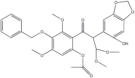 4-(benzyloxy)-2-[2-(6-hydroxy-1,3-benzodioxol-5-yl)-3,3-dimethoxypropanoyl]-3,5-dimethoxyphenyl acetate Struktur