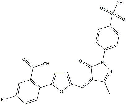 2-[5-({1-[4-(aminosulfonyl)phenyl]-3-methyl-5-oxo-1,5-dihydro-4H-pyrazol-4-ylidene}methyl)-2-furyl]-5-bromobenzoic acid Struktur