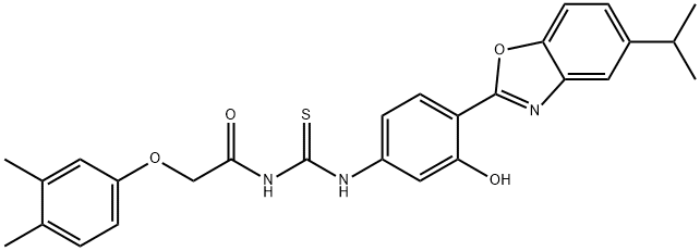 N-[(3,4-dimethylphenoxy)acetyl]-N'-[3-hydroxy-4-(5-isopropyl-1,3-benzoxazol-2-yl)phenyl]thiourea Struktur