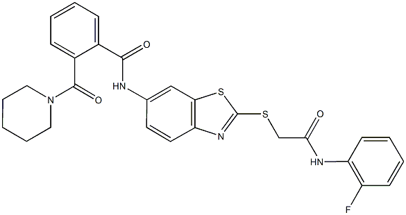 N-(2-{[2-(2-fluoroanilino)-2-oxoethyl]sulfanyl}-1,3-benzothiazol-6-yl)-2-(piperidin-1-ylcarbonyl)benzamide Struktur