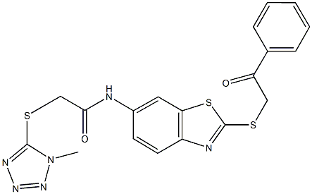 2-[(1-methyl-1H-tetraazol-5-yl)sulfanyl]-N-{2-[(2-oxo-2-phenylethyl)sulfanyl]-1,3-benzothiazol-6-yl}acetamide Struktur