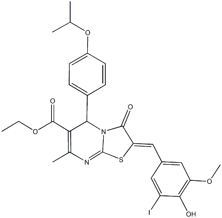 ethyl 2-(4-hydroxy-3-iodo-5-methoxybenzylidene)-5-(4-isopropoxyphenyl)-7-methyl-3-oxo-2,3-dihydro-5H-[1,3]thiazolo[3,2-a]pyrimidine-6-carboxylate Struktur