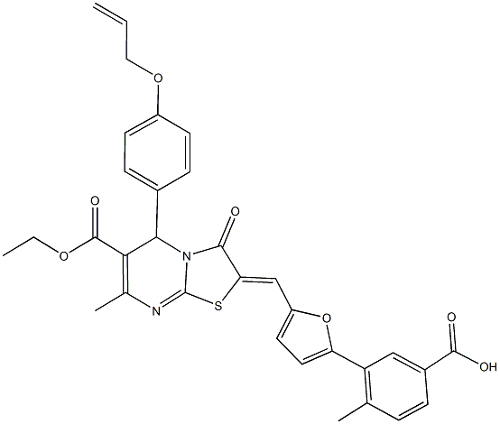 3-{5-[(5-[4-(allyloxy)phenyl]-6-(ethoxycarbonyl)-7-methyl-3-oxo-5H-[1,3]thiazolo[3,2-a]pyrimidin-2(3H)-ylidene)methyl]-2-furyl}-4-methylbenzoic acid Struktur