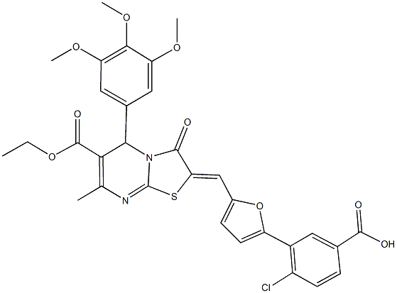 4-chloro-3-{5-[(6-(ethoxycarbonyl)-7-methyl-3-oxo-5-(3,4,5-trimethoxyphenyl)-5H-[1,3]thiazolo[3,2-a]pyrimidin-2(3H)-ylidene)methyl]-2-furyl}benzoic acid Struktur