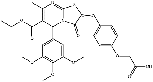 {4-[(6-(ethoxycarbonyl)-7-methyl-3-oxo-5-(3,4,5-trimethoxyphenyl)-5H-[1,3]thiazolo[3,2-a]pyrimidin-2(3H)-ylidene)methyl]phenoxy}acetic acid Struktur