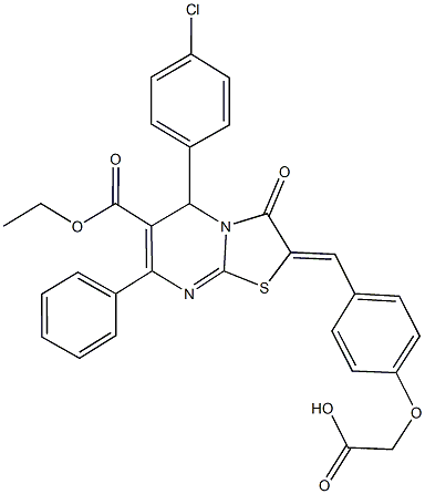 {4-[(5-(4-chlorophenyl)-6-(ethoxycarbonyl)-3-oxo-7-phenyl-5H-[1,3]thiazolo[3,2-a]pyrimidin-2(3H)-ylidene)methyl]phenoxy}acetic acid Struktur