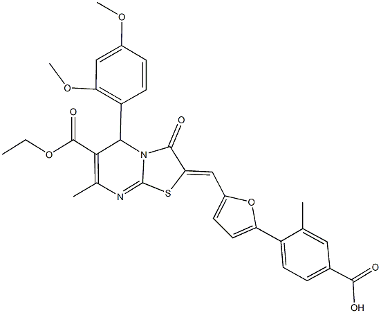 4-{5-[(5-(2,4-dimethoxyphenyl)-6-(ethoxycarbonyl)-7-methyl-3-oxo-5H-[1,3]thiazolo[3,2-a]pyrimidin-2(3H)-ylidene)methyl]-2-furyl}-3-methylbenzoic acid Struktur