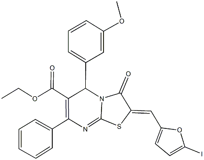 ethyl 2-[(5-iodo-2-furyl)methylene]-5-(3-methoxyphenyl)-3-oxo-7-phenyl-2,3-dihydro-5H-[1,3]thiazolo[3,2-a]pyrimidine-6-carboxylate Struktur