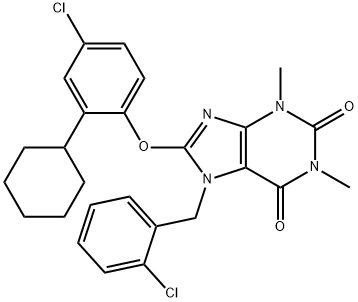 7-(2-chlorobenzyl)-8-(4-chloro-2-cyclohexylphenoxy)-1,3-dimethyl-3,7-dihydro-1H-purine-2,6-dione Struktur