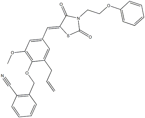 2-[(2-allyl-4-{[2,4-dioxo-3-(2-phenoxyethyl)-1,3-thiazolidin-5-ylidene]methyl}-6-methoxyphenoxy)methyl]benzonitrile Struktur