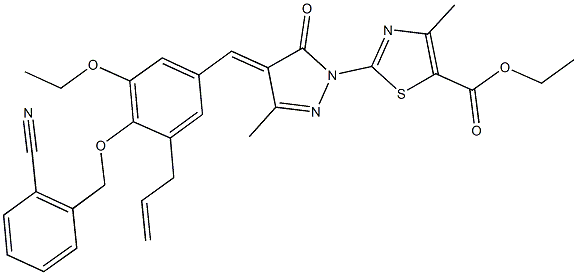 ethyl 2-(4-{3-allyl-4-[(2-cyanobenzyl)oxy]-5-ethoxybenzylidene}-3-methyl-5-oxo-4,5-dihydro-1H-pyrazol-1-yl)-4-methyl-1,3-thiazole-5-carboxylate Struktur