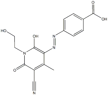 4-{[5-cyano-2-hydroxy-1-(2-hydroxyethyl)-4-methyl-6-oxo-1,6-dihydro-3-pyridinyl]diazenyl}benzoic acid Struktur