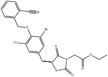 ethyl (5-{3-bromo-5-chloro-4-[(2-cyanobenzyl)oxy]benzylidene}-2,4-dioxo-1,3-thiazolidin-3-yl)acetate Struktur