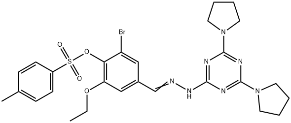 2-bromo-4-{2-[4,6-di(1-pyrrolidinyl)-1,3,5-triazin-2-yl]carbohydrazonoyl}-6-ethoxyphenyl 4-methylbenzenesulfonate Struktur