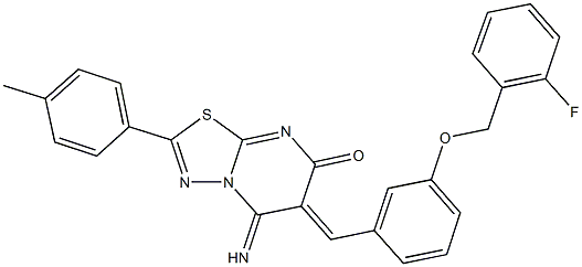 6-{3-[(2-fluorobenzyl)oxy]benzylidene}-5-imino-2-(4-methylphenyl)-5,6-dihydro-7H-[1,3,4]thiadiazolo[3,2-a]pyrimidin-7-one Struktur