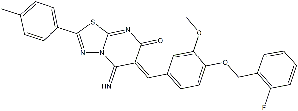 6-{4-[(2-fluorobenzyl)oxy]-3-methoxybenzylidene}-5-imino-2-(4-methylphenyl)-5,6-dihydro-7H-[1,3,4]thiadiazolo[3,2-a]pyrimidin-7-one Struktur