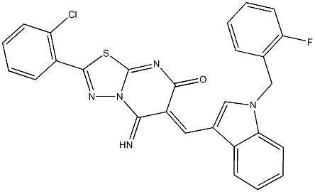 2-(2-chlorophenyl)-6-{[1-(2-fluorobenzyl)-1H-indol-3-yl]methylene}-5-imino-5,6-dihydro-7H-[1,3,4]thiadiazolo[3,2-a]pyrimidin-7-one Struktur