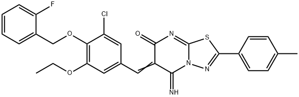 6-{3-chloro-5-ethoxy-4-[(2-fluorobenzyl)oxy]benzylidene}-5-imino-2-(4-methylphenyl)-5,6-dihydro-7H-[1,3,4]thiadiazolo[3,2-a]pyrimidin-7-one Struktur