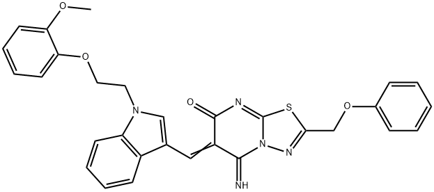 5-imino-6-({1-[2-(2-methoxyphenoxy)ethyl]-1H-indol-3-yl}methylene)-2-(phenoxymethyl)-5,6-dihydro-7H-[1,3,4]thiadiazolo[3,2-a]pyrimidin-7-one Struktur