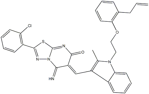 6-({1-[2-(2-allylphenoxy)ethyl]-2-methyl-1H-indol-3-yl}methylene)-2-(2-chlorophenyl)-5-imino-5,6-dihydro-7H-[1,3,4]thiadiazolo[3,2-a]pyrimidin-7-one Struktur