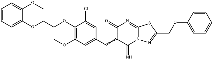 6-{3-chloro-5-methoxy-4-[2-(2-methoxyphenoxy)ethoxy]benzylidene}-5-imino-2-(phenoxymethyl)-5,6-dihydro-7H-[1,3,4]thiadiazolo[3,2-a]pyrimidin-7-one Struktur