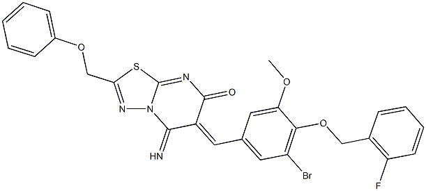 6-{3-bromo-4-[(2-fluorobenzyl)oxy]-5-methoxybenzylidene}-5-imino-2-(phenoxymethyl)-5,6-dihydro-7H-[1,3,4]thiadiazolo[3,2-a]pyrimidin-7-one Struktur