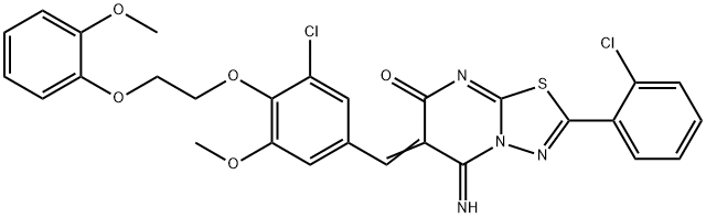 6-{3-chloro-5-methoxy-4-[2-(2-methoxyphenoxy)ethoxy]benzylidene}-2-(2-chlorophenyl)-5-imino-5,6-dihydro-7H-[1,3,4]thiadiazolo[3,2-a]pyrimidin-7-one Struktur