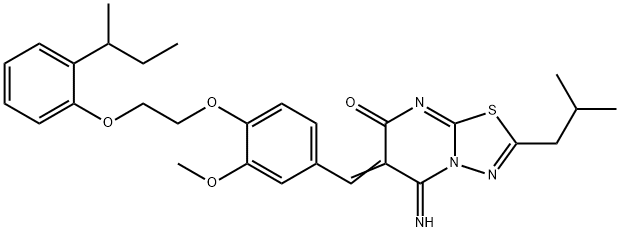 6-{4-[2-(2-sec-butylphenoxy)ethoxy]-3-methoxybenzylidene}-5-imino-2-isobutyl-5,6-dihydro-7H-[1,3,4]thiadiazolo[3,2-a]pyrimidin-7-one Struktur