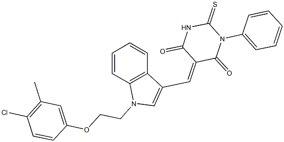 5-({1-[2-(4-chloro-3-methylphenoxy)ethyl]-1H-indol-3-yl}methylene)-1-phenyl-2-thioxodihydro-4,6(1H,5H)-pyrimidinedione Struktur