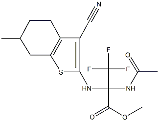 methyl 2-(acetylamino)-2-[(3-cyano-6-methyl-4,5,6,7-tetrahydro-1-benzothien-2-yl)amino]-3,3,3-trifluoropropanoate Struktur