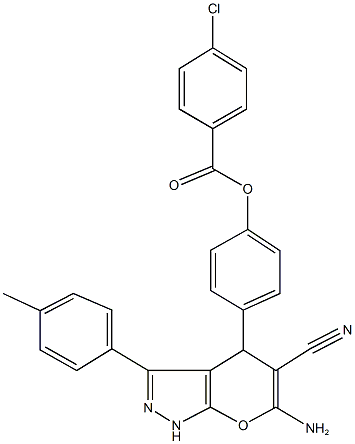 4-[6-amino-5-cyano-3-(4-methylphenyl)-1,4-dihydropyrano[2,3-c]pyrazol-4-yl]phenyl 4-chlorobenzoate Struktur