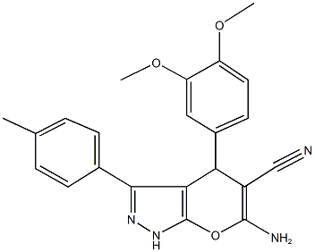 6-amino-4-(3,4-dimethoxyphenyl)-3-(4-methylphenyl)-1,4-dihydropyrano[2,3-c]pyrazole-5-carbonitrile Struktur