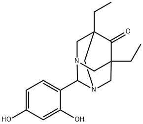 2-(2,4-dihydroxyphenyl)-5,7-diethyl-1,3-diazatricyclo[3.3.1.1~3,7~]decan-6-one Struktur