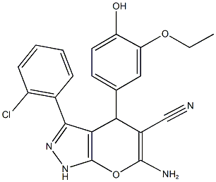 6-amino-3-(2-chlorophenyl)-4-(3-ethoxy-4-hydroxyphenyl)-1,4-dihydropyrano[2,3-c]pyrazole-5-carbonitrile Struktur