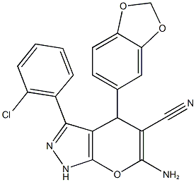 6-amino-4-(1,3-benzodioxol-5-yl)-3-(2-chlorophenyl)-1,4-dihydropyrano[2,3-c]pyrazole-5-carbonitrile Struktur