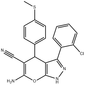 6-amino-3-(2-chlorophenyl)-4-[4-(methylsulfanyl)phenyl]-1,4-dihydropyrano[2,3-c]pyrazole-5-carbonitrile Struktur