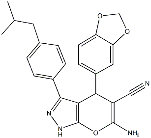 6-amino-4-(1,3-benzodioxol-5-yl)-3-(4-isobutylphenyl)-1,4-dihydropyrano[2,3-c]pyrazole-5-carbonitrile Struktur