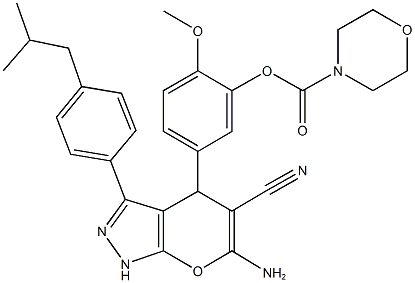 5-[6-amino-5-cyano-3-(4-isobutylphenyl)-1,4-dihydropyrano[2,3-c]pyrazol-4-yl]-2-methoxyphenyl morpholine-4-carboxylate Struktur