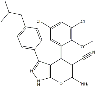 6-amino-4-(3,5-dichloro-2-methoxyphenyl)-3-(4-isobutylphenyl)-1,4-dihydropyrano[2,3-c]pyrazole-5-carbonitrile Struktur