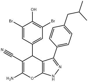 6-amino-4-(3,5-dibromo-4-hydroxyphenyl)-3-(4-isobutylphenyl)-1,4-dihydropyrano[2,3-c]pyrazole-5-carbonitrile Struktur