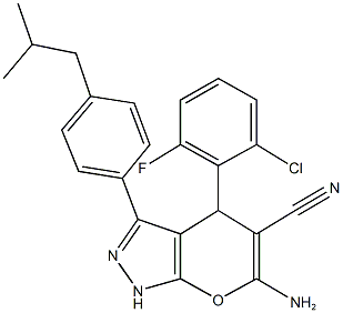 6-amino-4-(2-chloro-6-fluorophenyl)-3-(4-isobutylphenyl)-1,4-dihydropyrano[2,3-c]pyrazole-5-carbonitrile Struktur